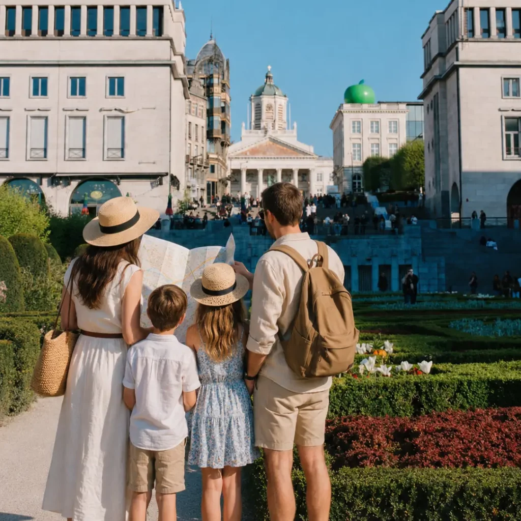 Family of four with hats reads a map in a sunny city square with classical buildings and steps behind them, backpacked dad guiding the kids.